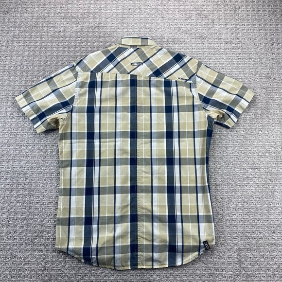 QUIKSILVER Shirt Men Medium M Beige Blue White Plaid Button Up Surf Surfing MENS - Picture 2 of 11